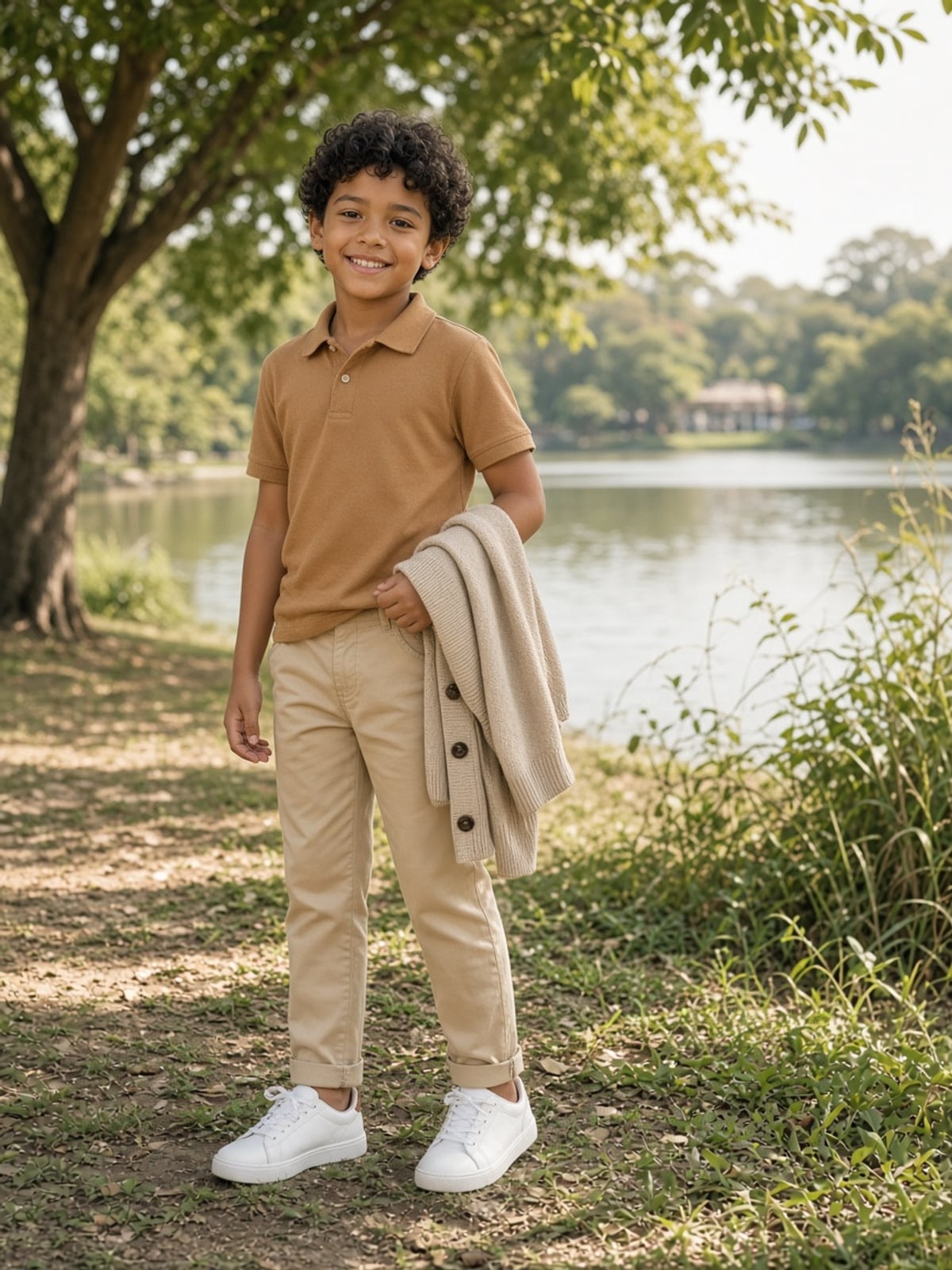 Menino com polo e calça bege, cardigan no braço, em parque da Pampulha — conjunto de passeio