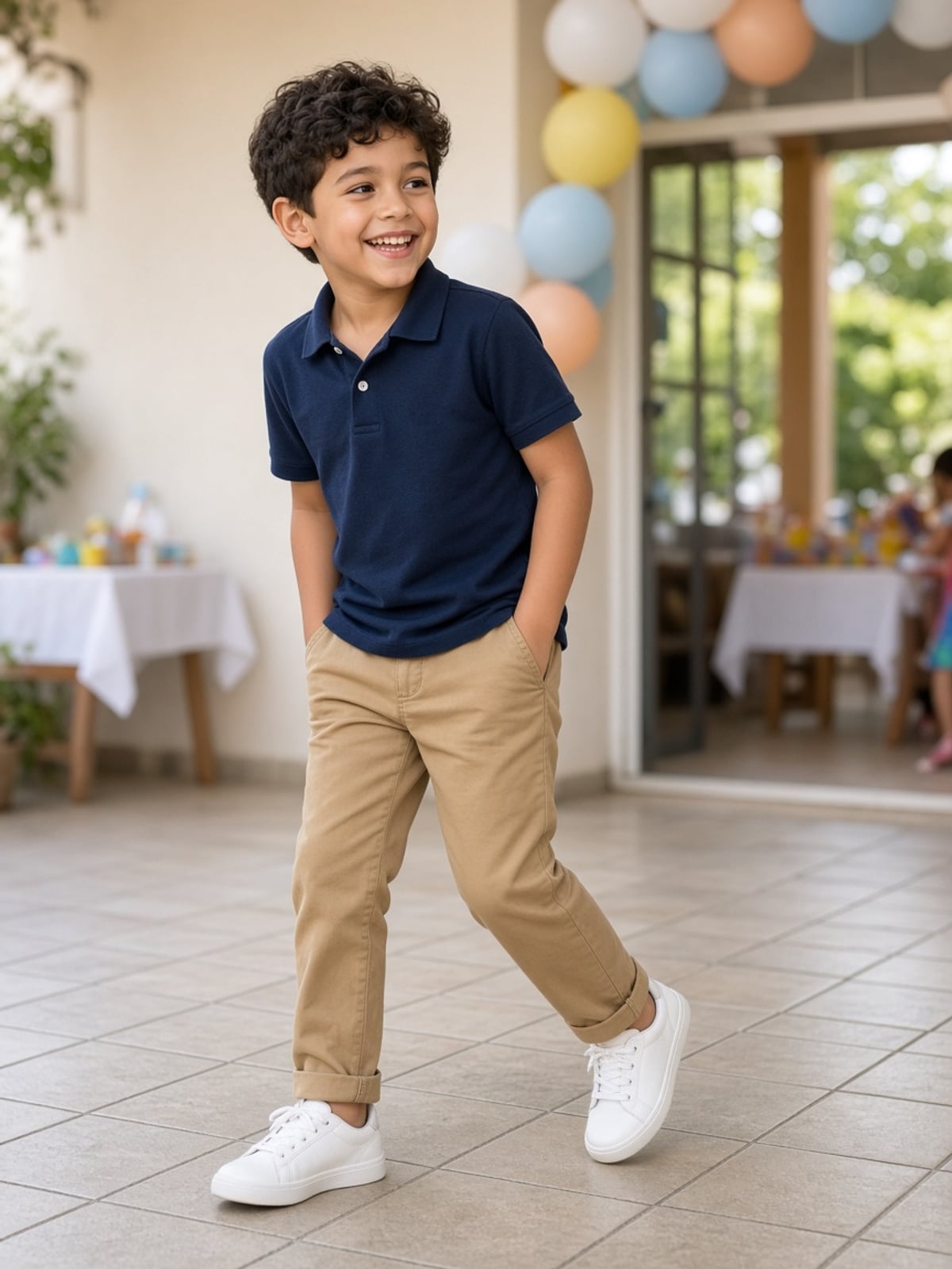 Menino com polo marinho e calça cáqui em festa informal — conjunto arrumadinho sem blazer