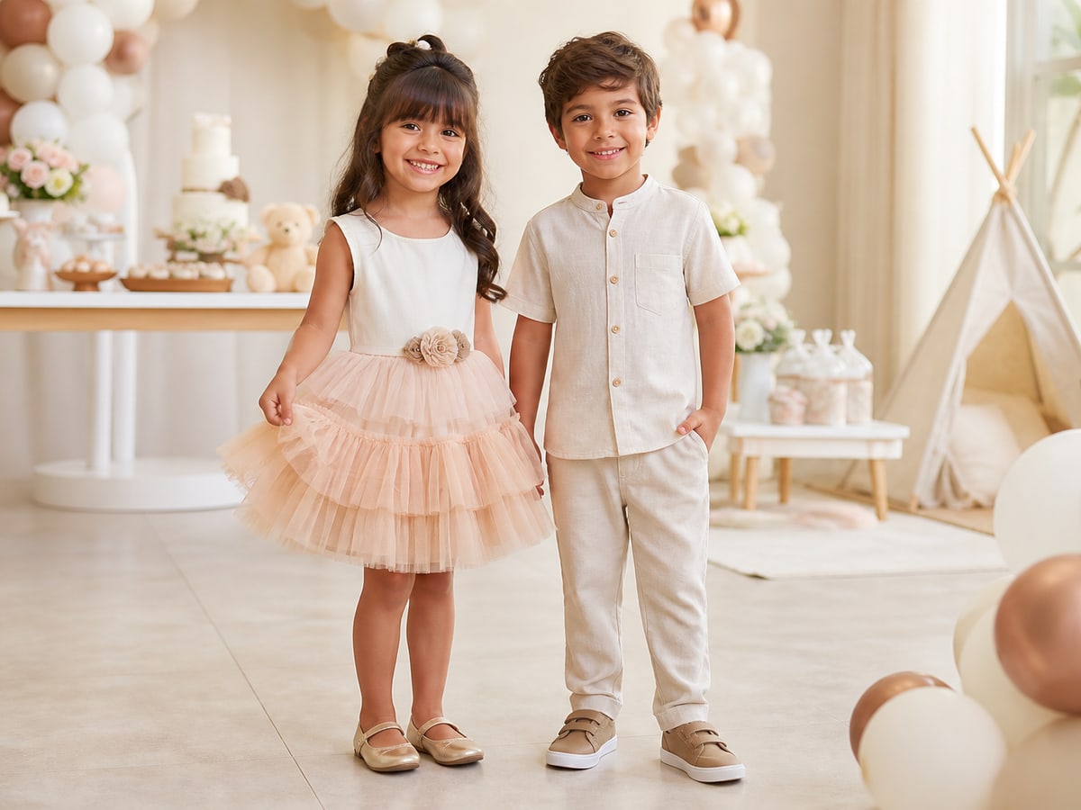 Menina e menino usando look infantil para festa: vestido de tule e conjunto confortável
