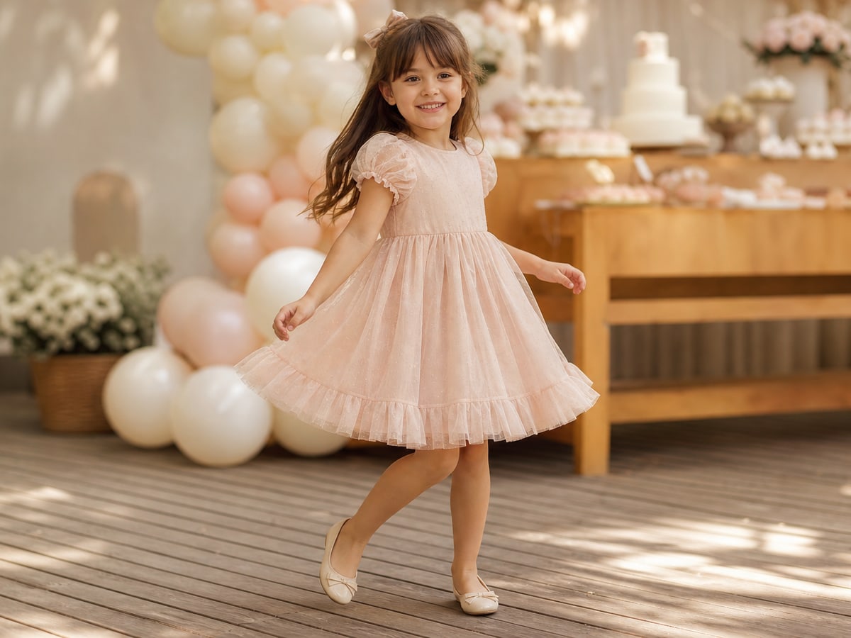 Menina usando vestido infantil de tule para festa, brincando com liberdade de movimento