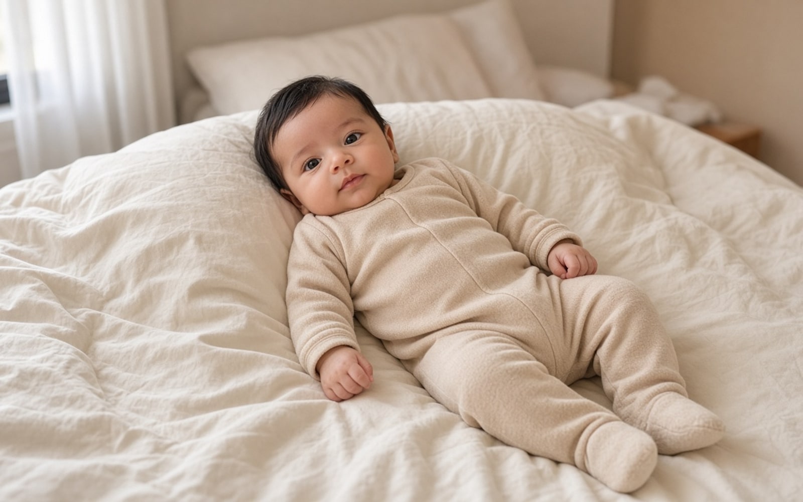 Bebê de poucos meses de macacão bege, deitado na cama, com o rosto visível