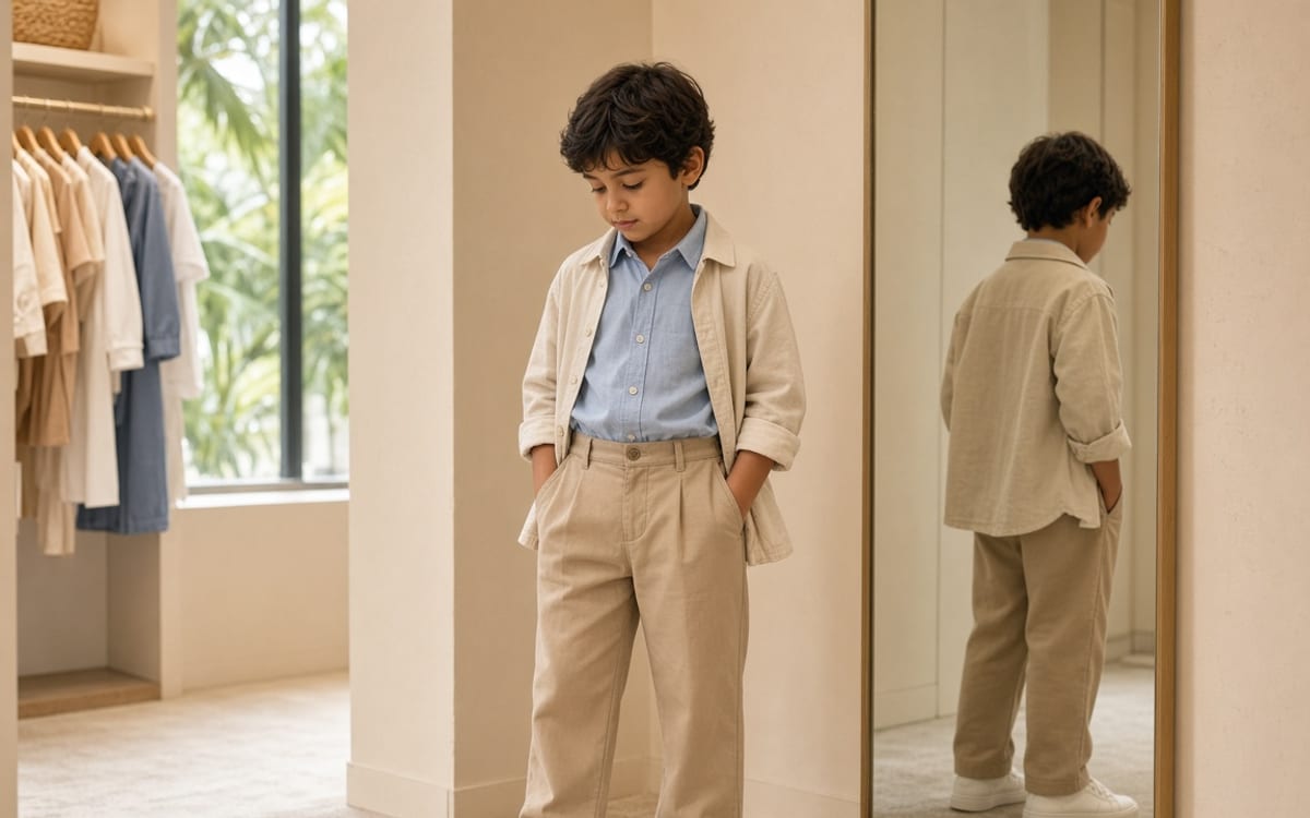 Menino com look arrumadinho conferindo o caimento em loja de moda infantil em Belo Horizonte