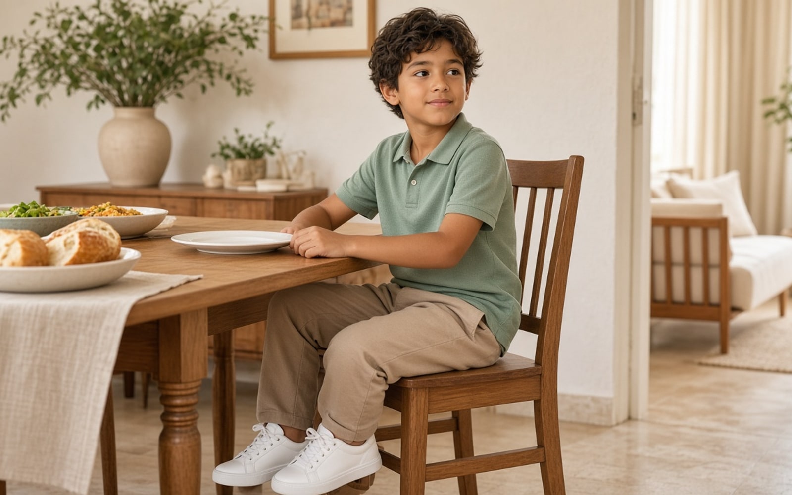 Criança sentada à mesa de almoço em família, com conjunto infantil confortável e rosto visível