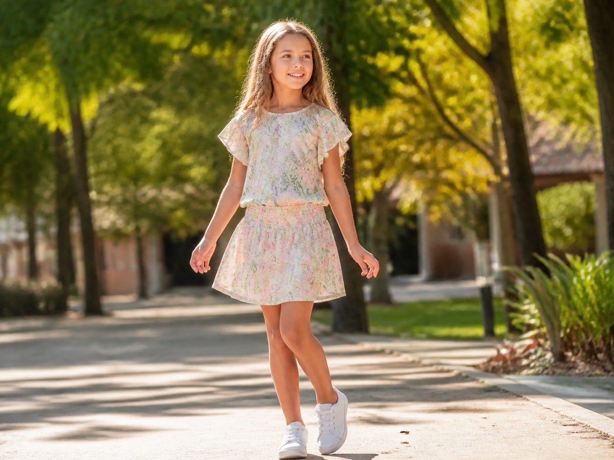 Menina com vestido leve de primavera em parque ensolarado — coleções para dias quentes