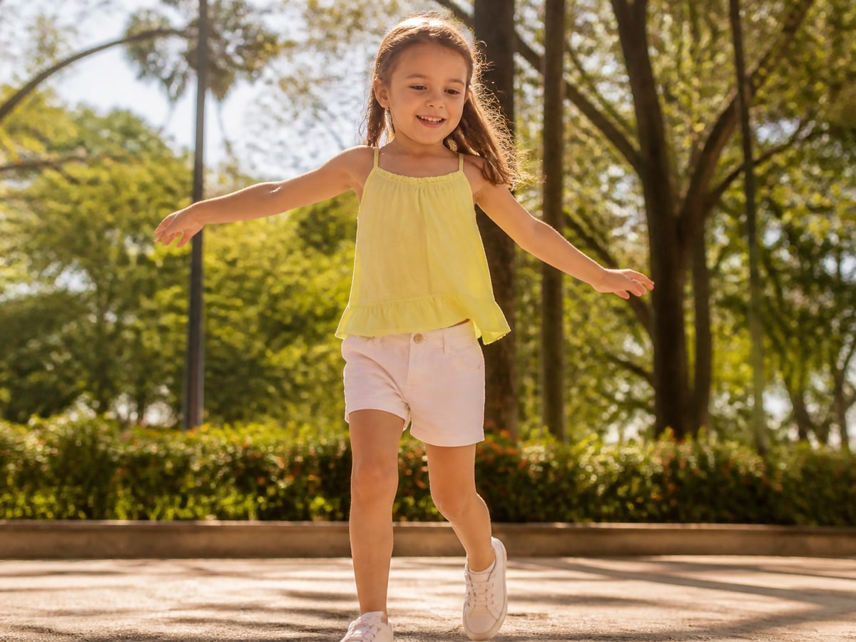 Menina com look leve de primavera — regata de algodão e short claro em parque ensolarado