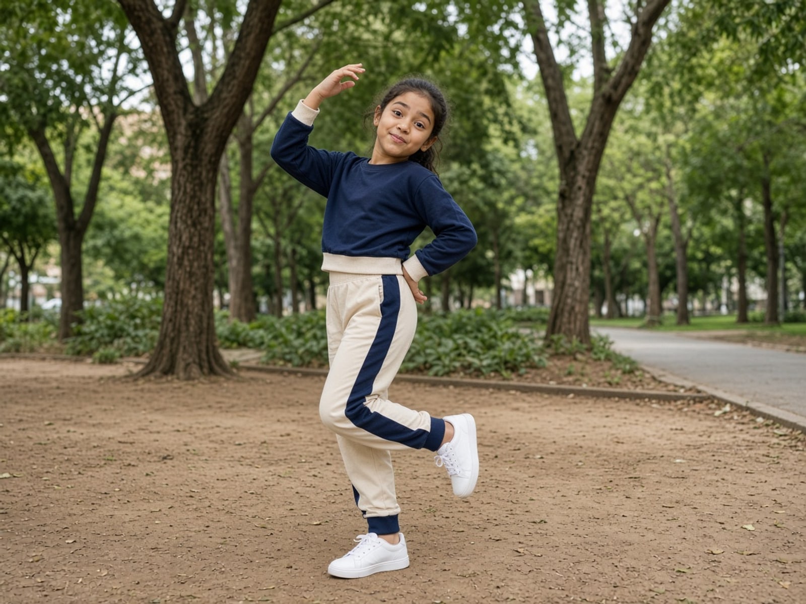 Menina de conjunto azul e bege em pose de brincadeira no parque, tênis branco e corpo livre