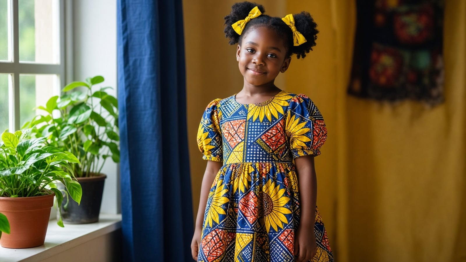Menina africana de vestido amarelo, índigo e coral, com laços amarelos no cabelo, junto à janela