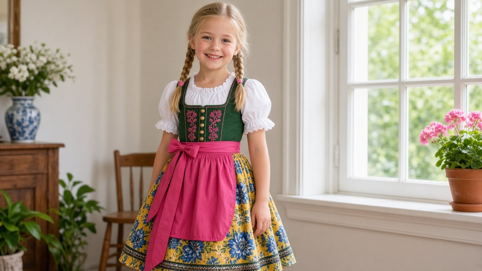 Menina alemã de dirndl verde, avental rosa e saia floral amarela, em casa junto à janela