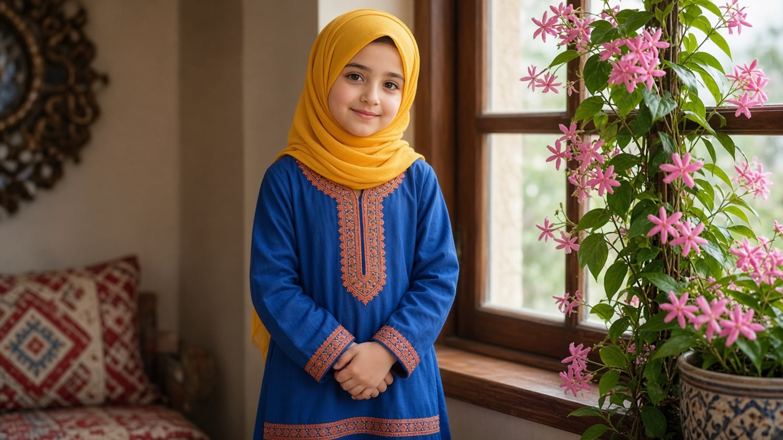 Menina árabe de hijab amarelo e jalabiya azul com bordado coral, ao lado de uma janela com jasmim