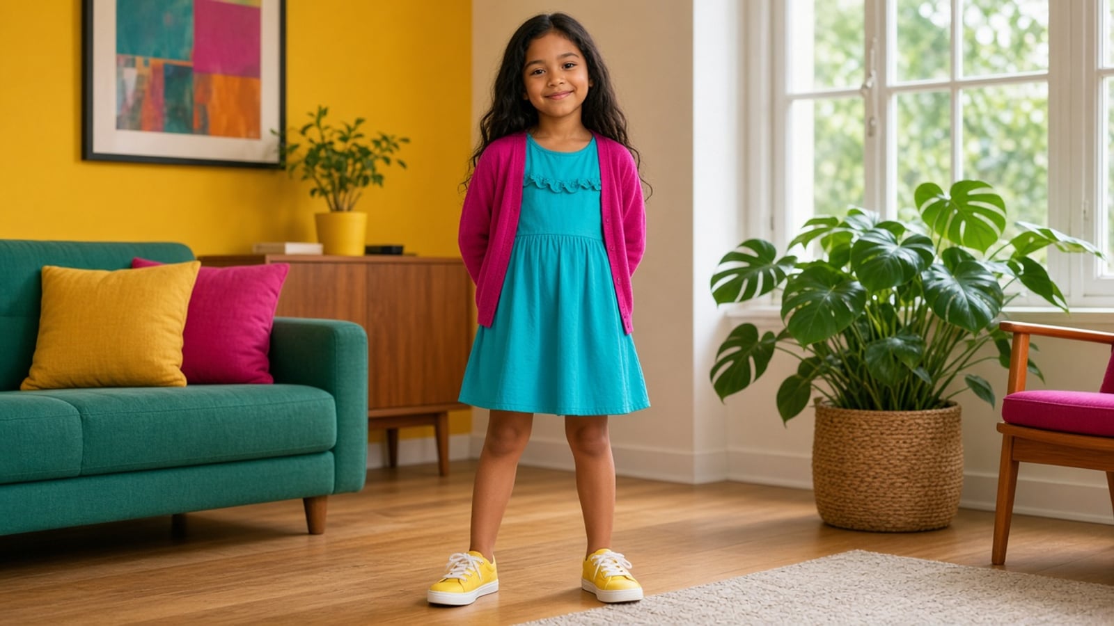 Menina brasileira de vestido turquesa, cardigã rosa e tênis amarelo, na sala de casa