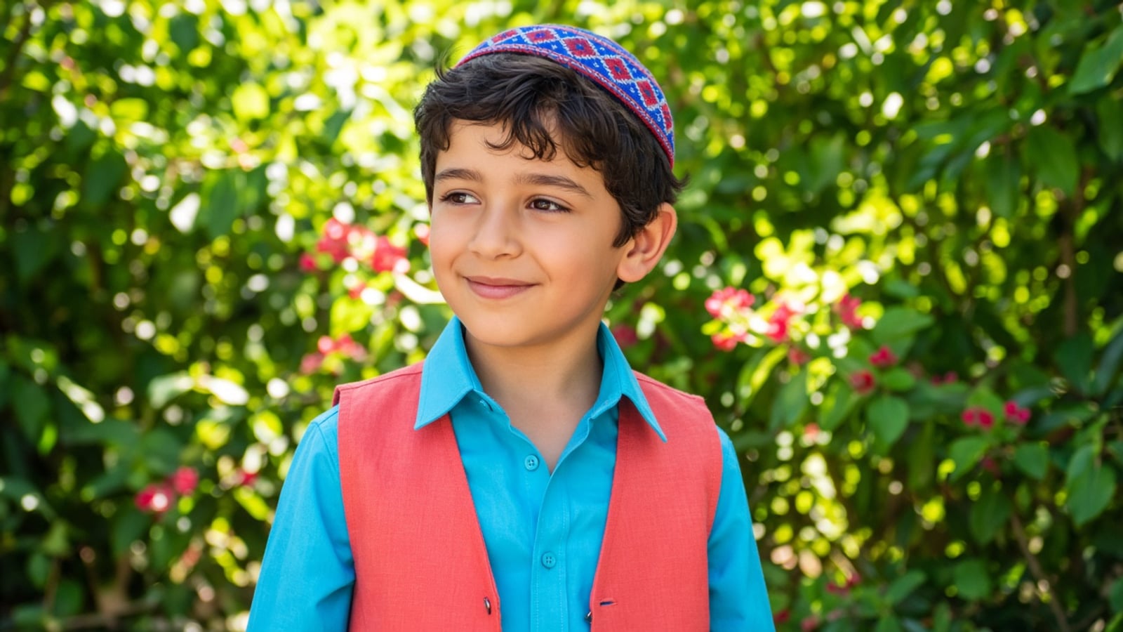 Menino de quipá colorido, camisa turquesa e colete coral, no jardim