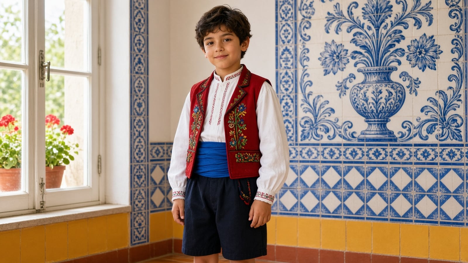 Menino português de colete vermelho bordado e faixa azul, diante de azulejos