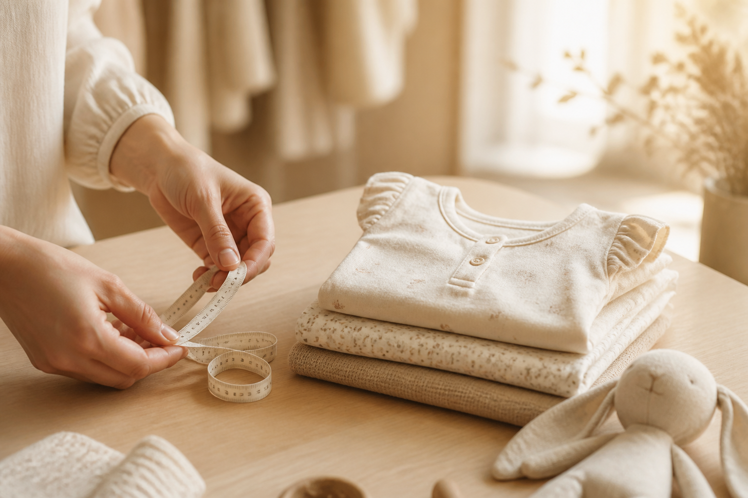 Fita métrica e roupa infantil dobrada para conferir medidas antes da compra online