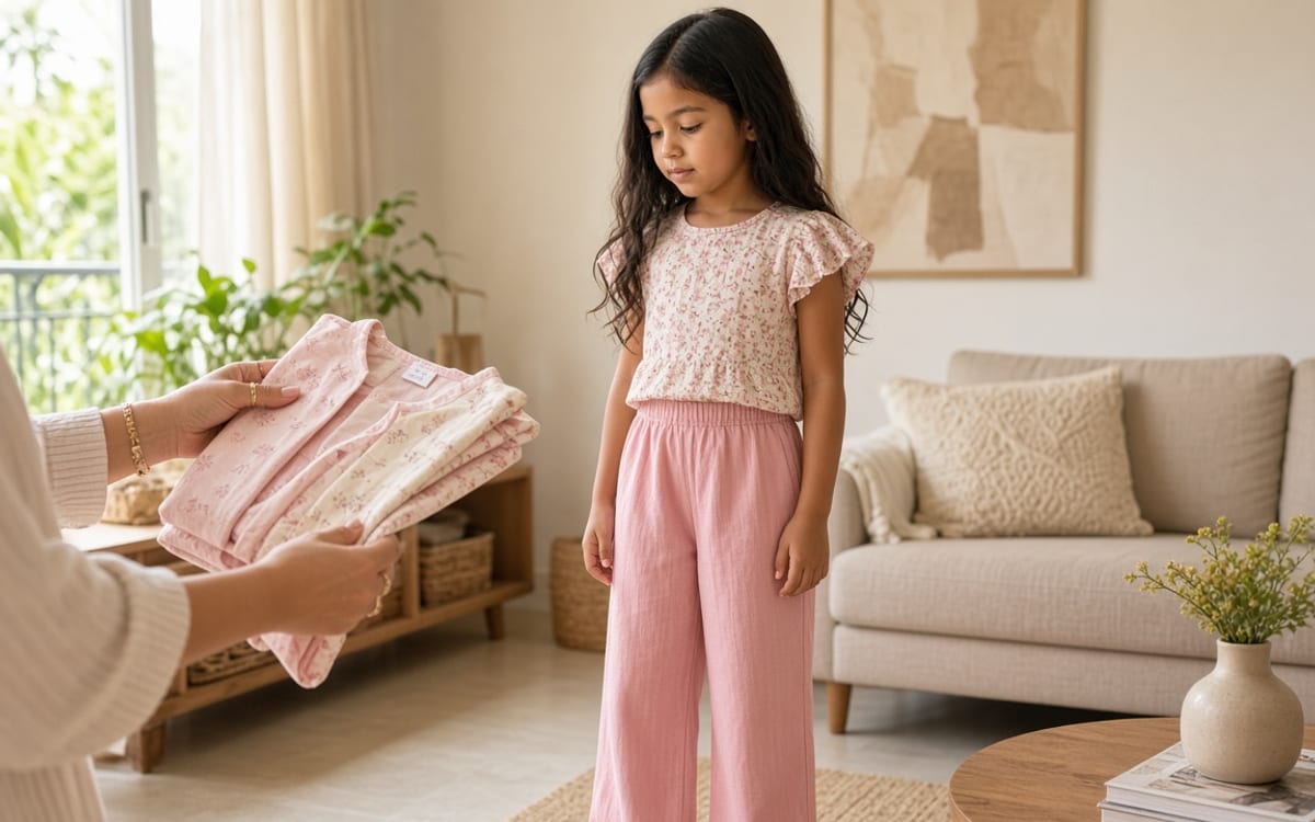 Menina com look arrumadinho conferindo uma peça de presente e a etiqueta de tamanho, sem vestir na hora