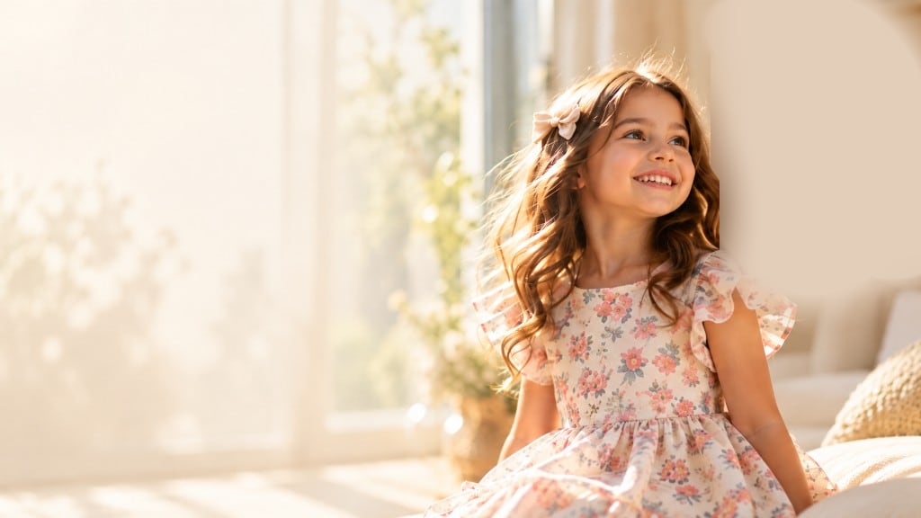 Menina de vestido floral sorrindo