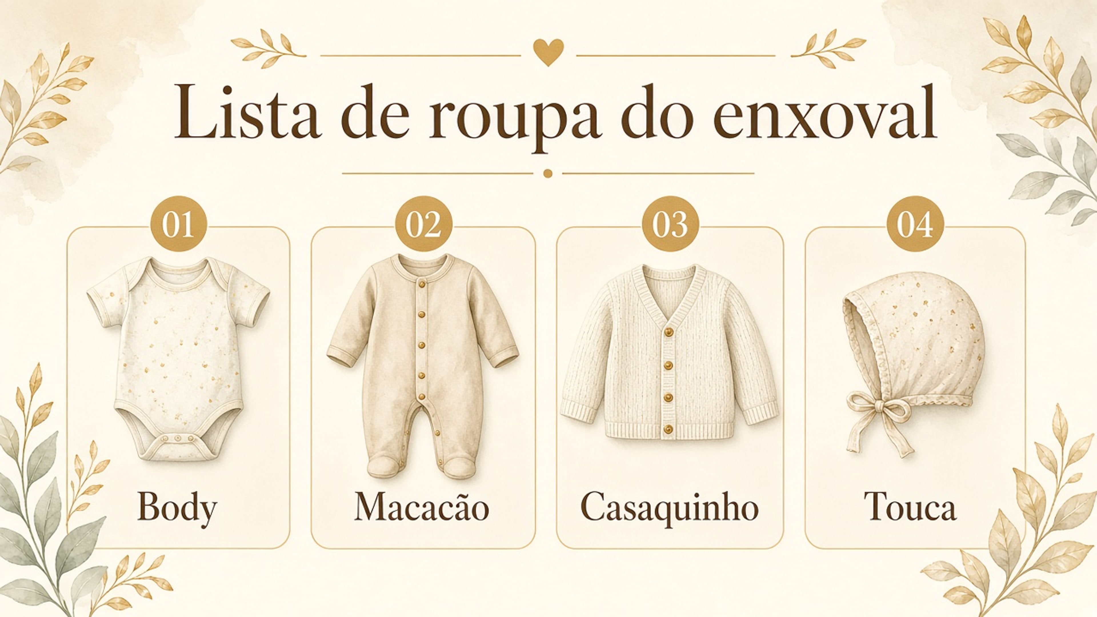Quatro peças do enxoval de roupa: body na troca, macacão no colo, casaquinho no passeio e touca na saída.
