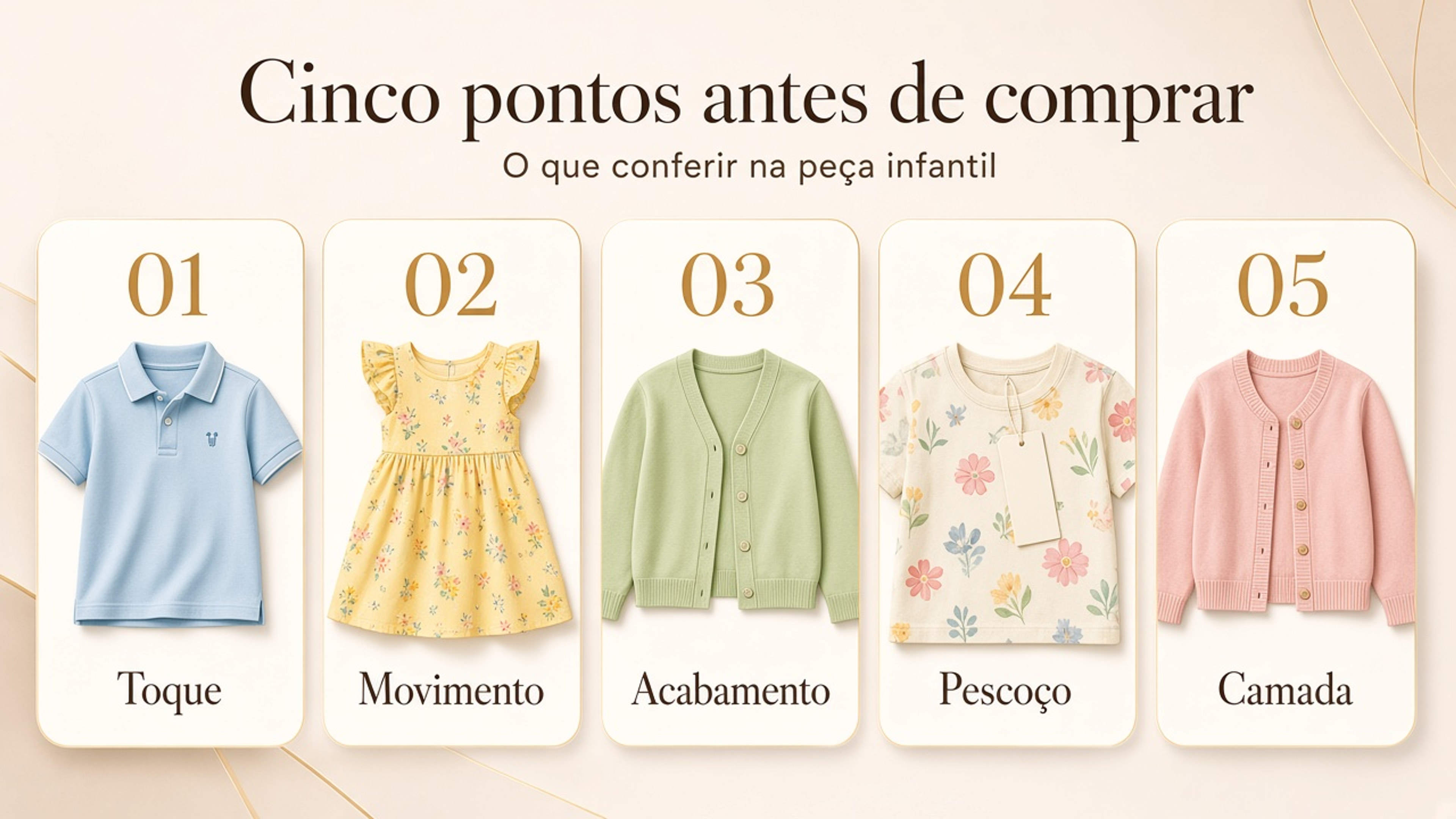 Infográfico com cinco pontos para observar na peça infantil: toque, movimento, acabamento, pescoço e terceira camada.