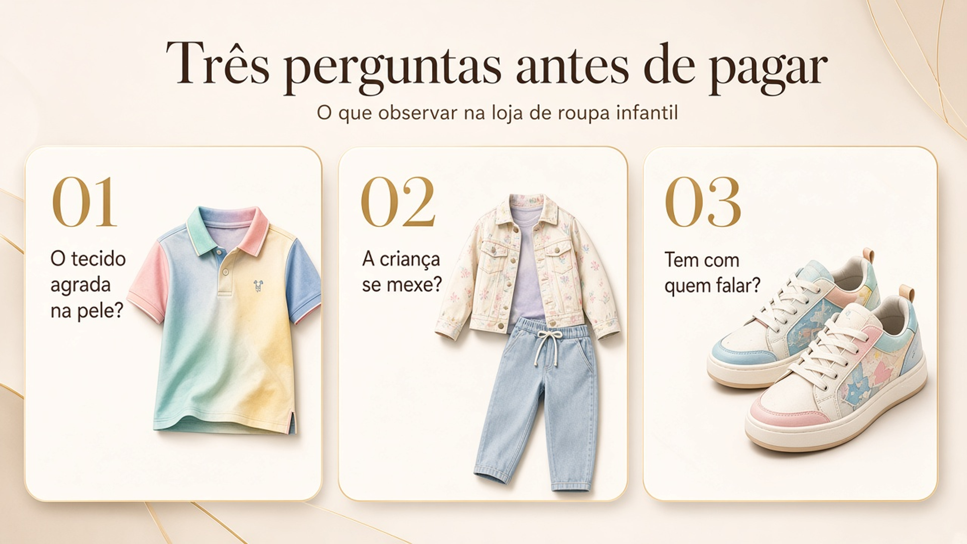 Infográfico com três perguntas antes de comprar roupa infantil: o tecido agrada na pele, a criança se mexe e tem com quem falar.