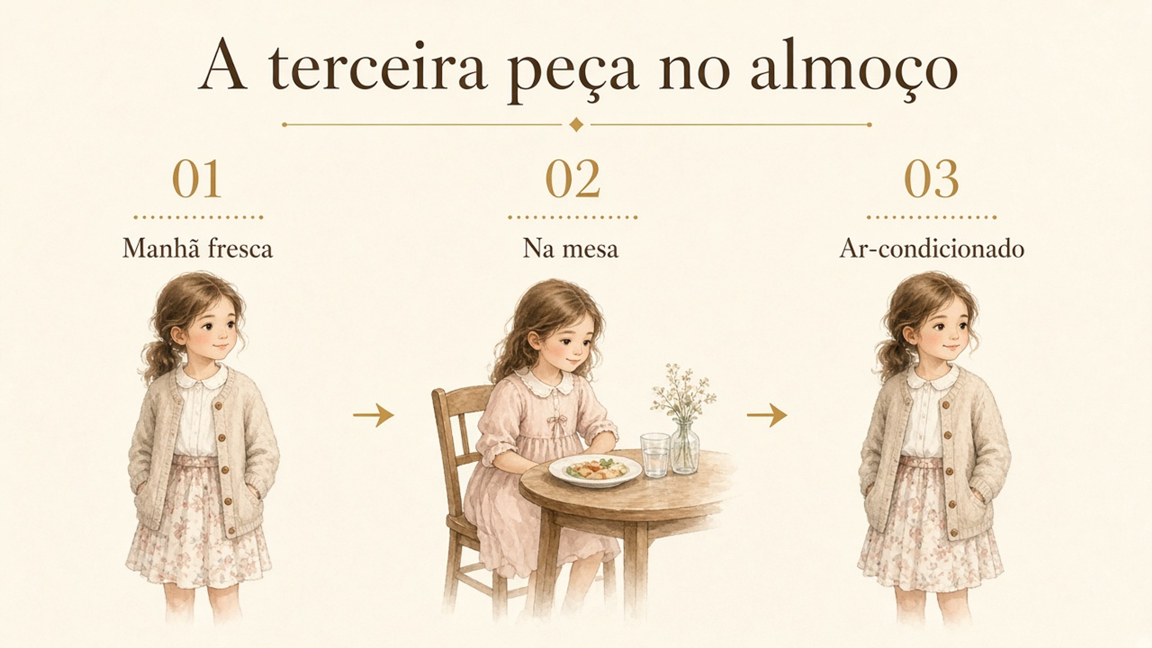 No almoço em família, o casaquinho entra de manhã e no ar-condicionado e sai na mesa, quando a criança fica com a base do look.