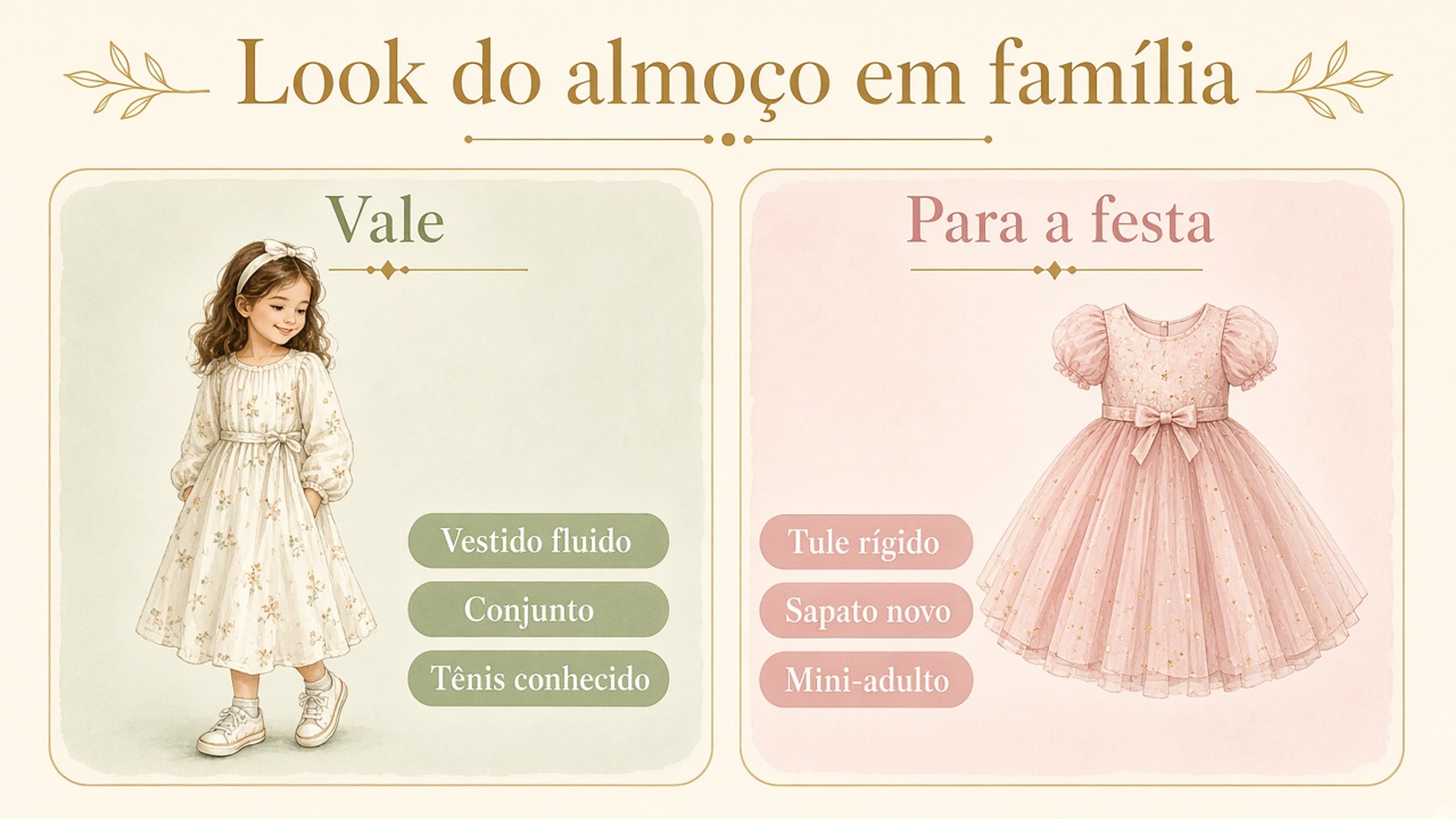 No almoço em família, priorize vestido fluido, conjunto coordenado e tênis conhecido. Deixe tule rígido, sapato novo e visual de adulto para outra ocasião.