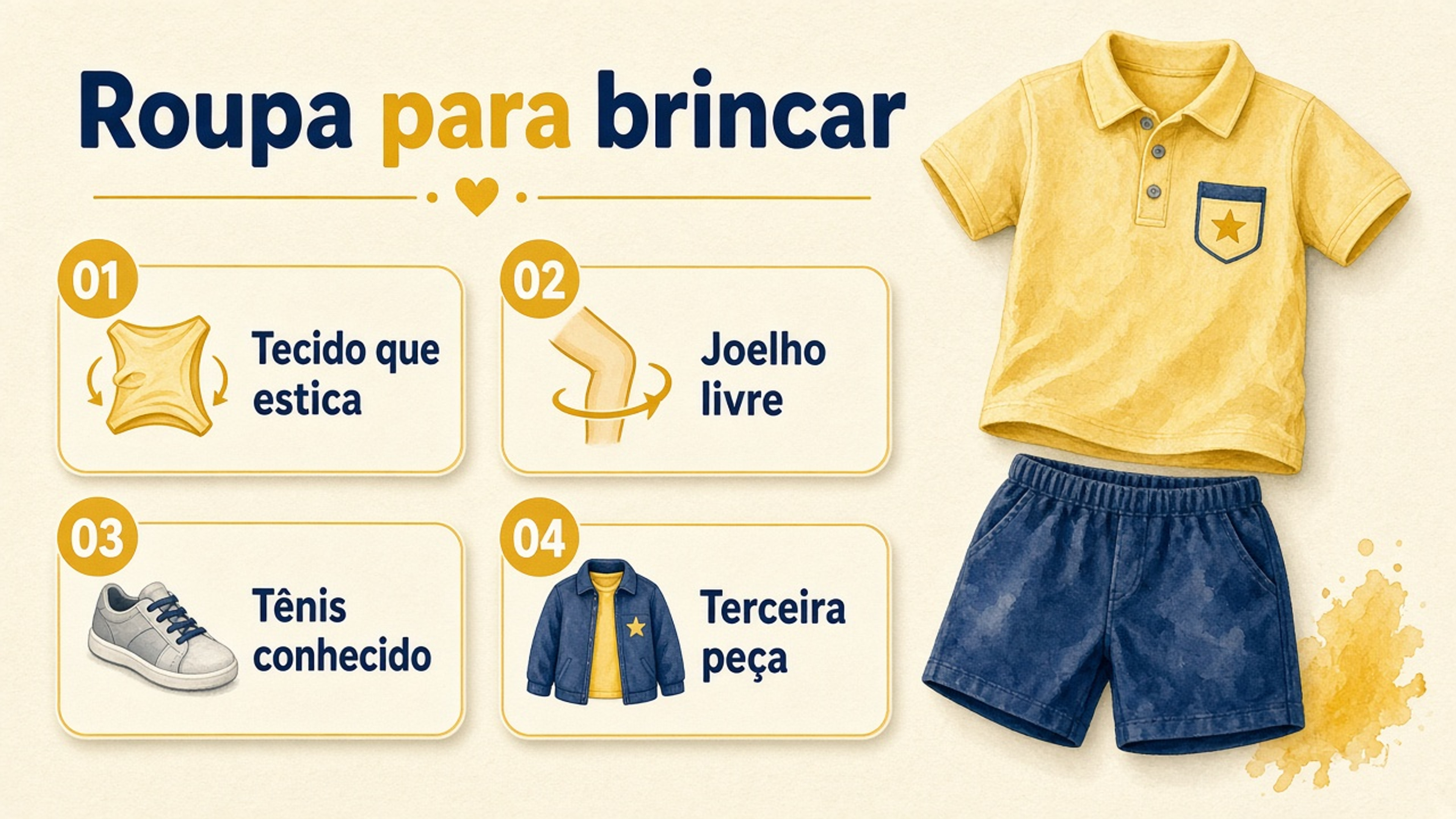 Quatro pontos da roupa para brincar: tecido que estica, joelho livre, tênis conhecido e terceira peça.