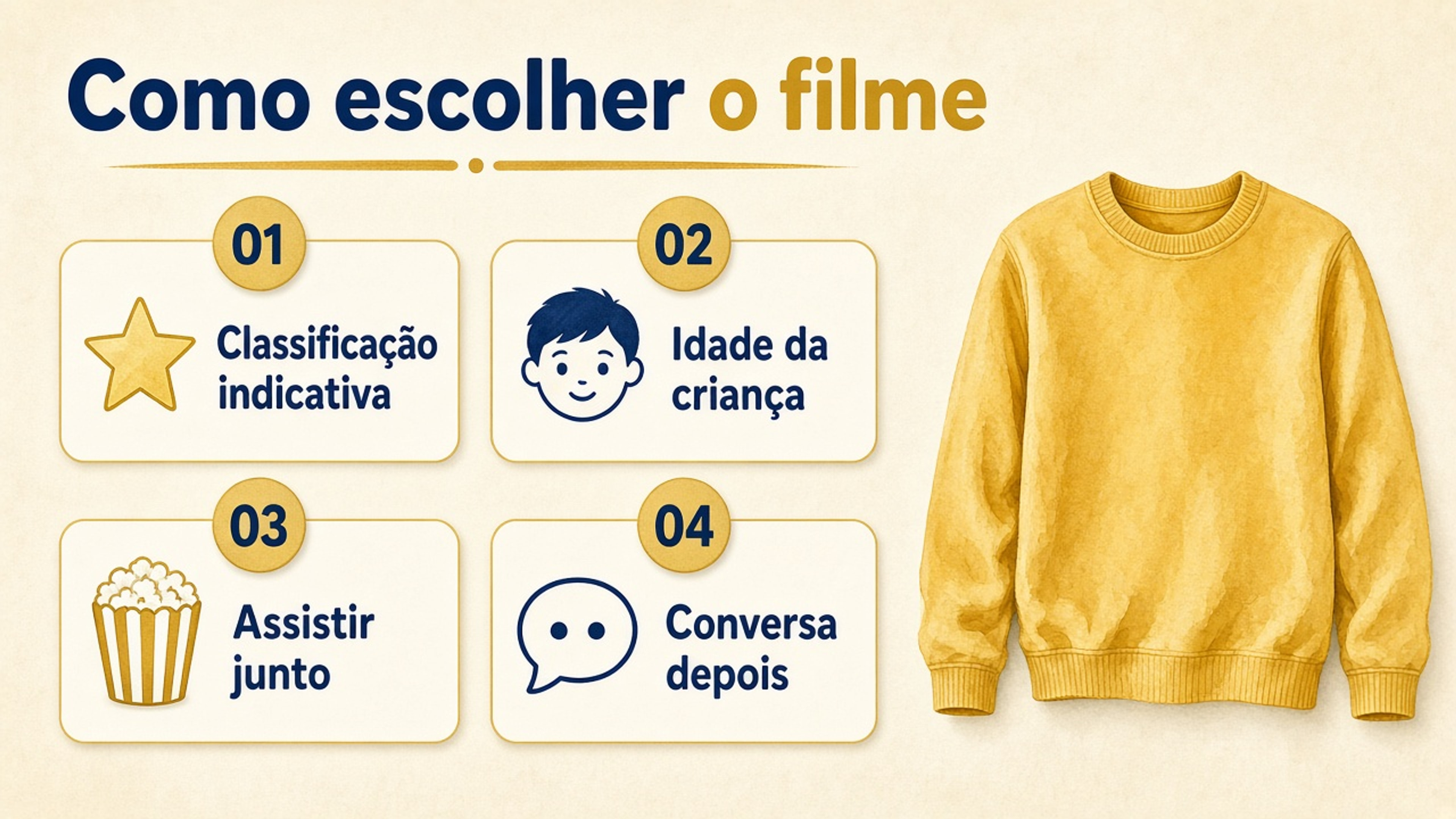 Quatro passos para escolher um filme infantil: classificação indicativa, idade da criança, assistir junto e conversa depois.