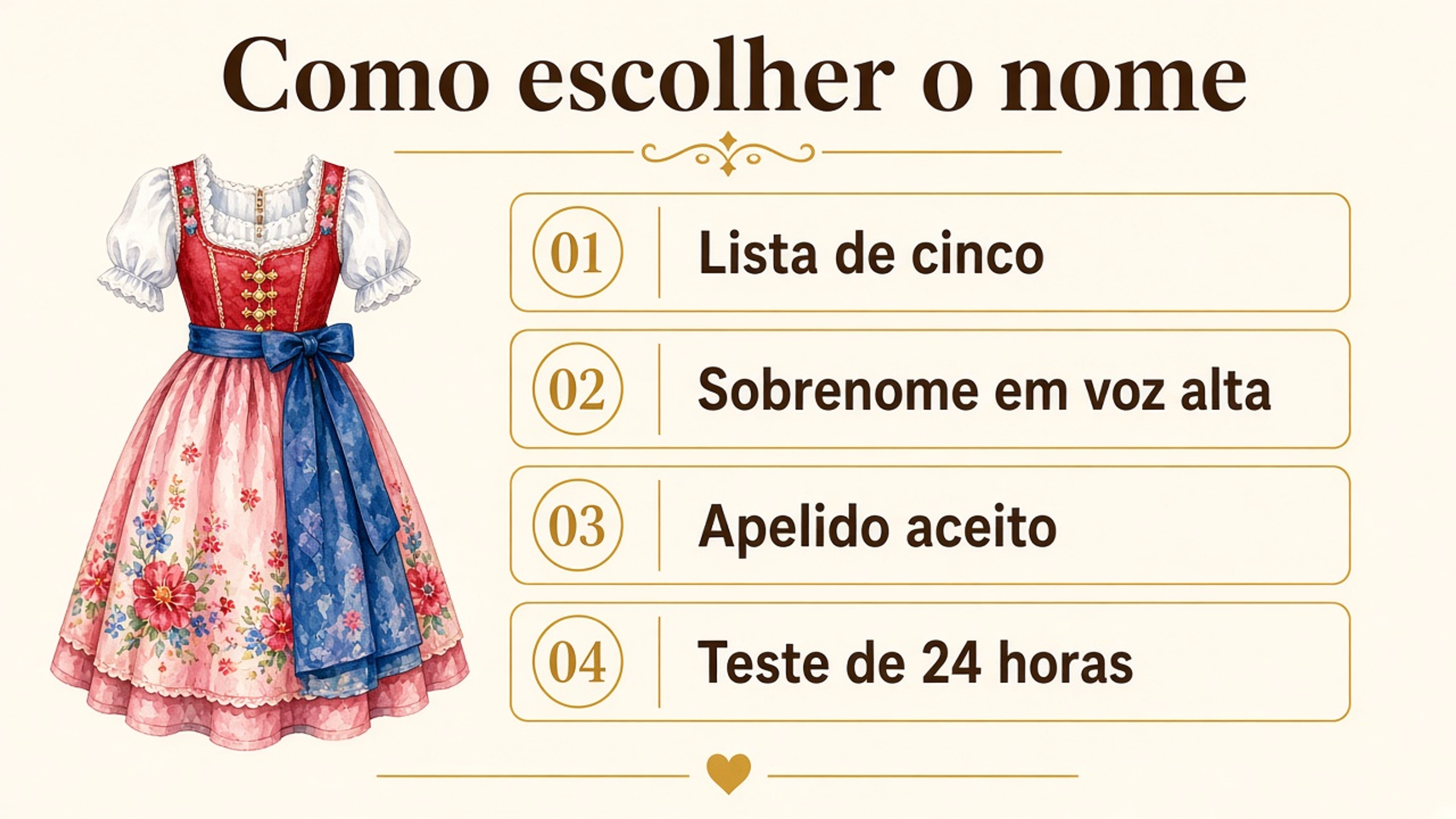 Quatro passos para escolher um nome alemão feminino: lista de cinco, sobrenome em voz alta, apelido aceito e teste de 24 horas.
