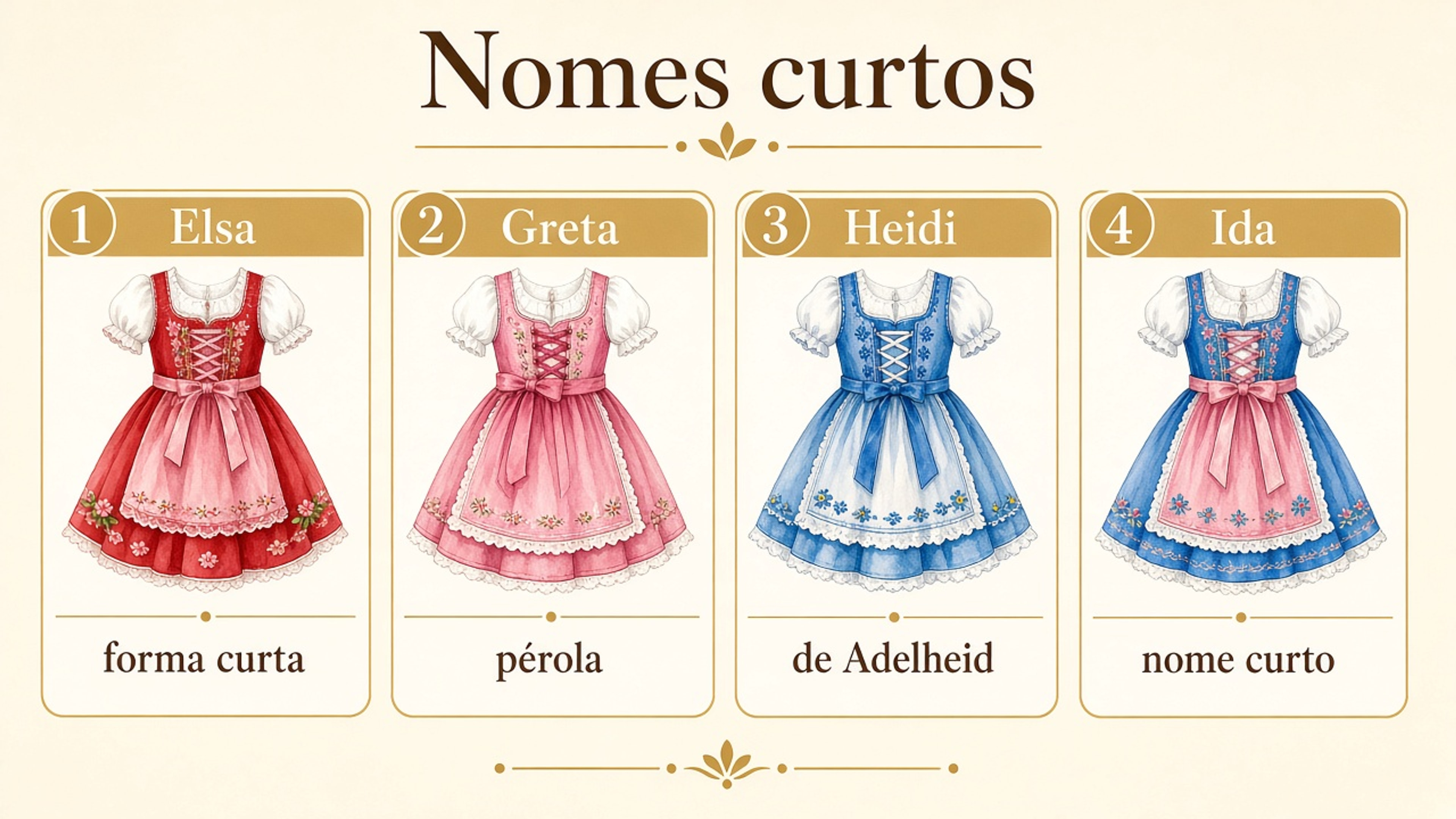Quatro nomes alemães femininos curtos: Elsa como forma curta, Greta como pérola, Heidi vinda de Adelheid e Ida como nome curto.