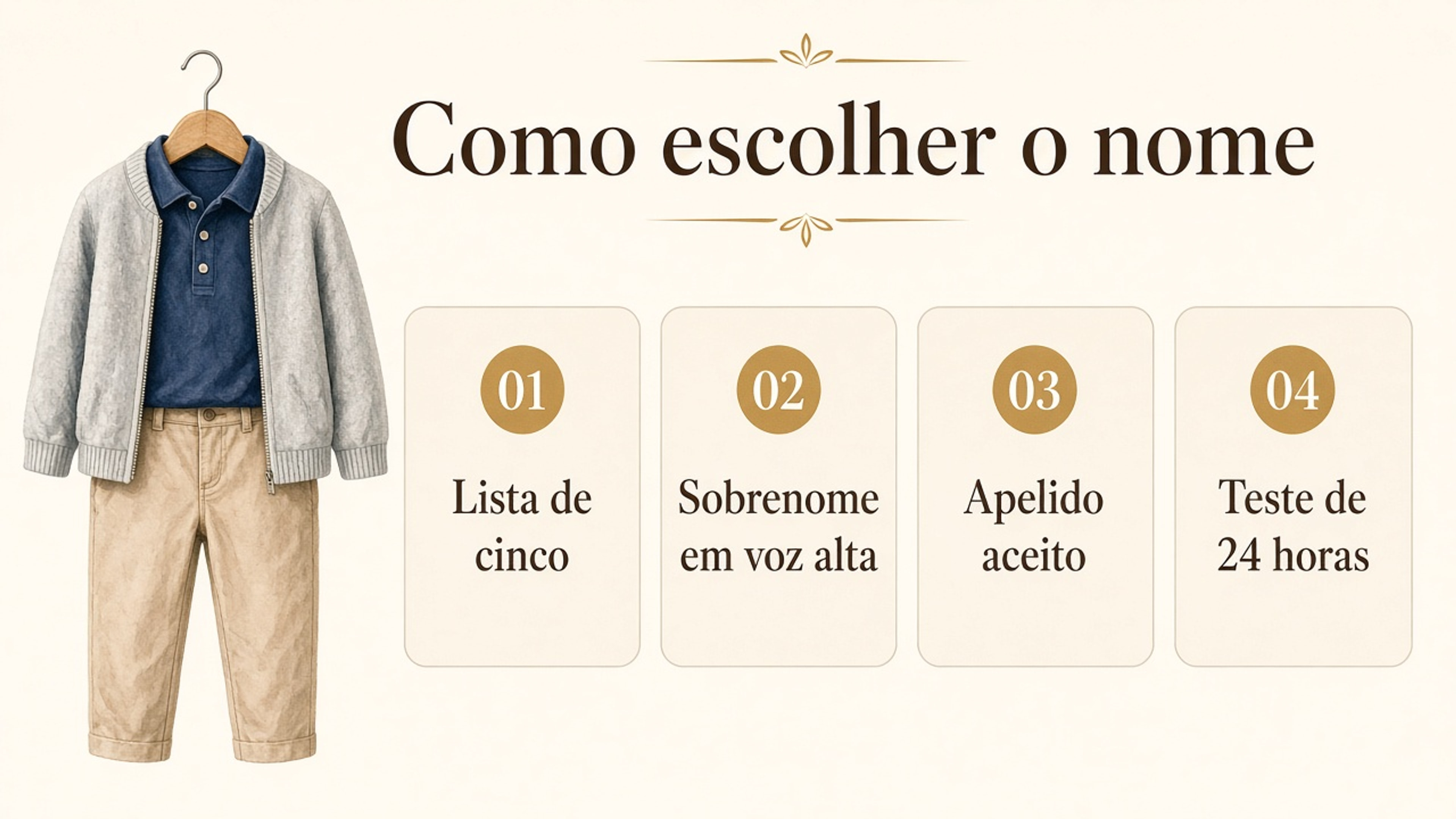 Quatro passos para escolher um nome alemão masculino: lista de cinco, sobrenome em voz alta, apelido aceito e teste de 24 horas.
