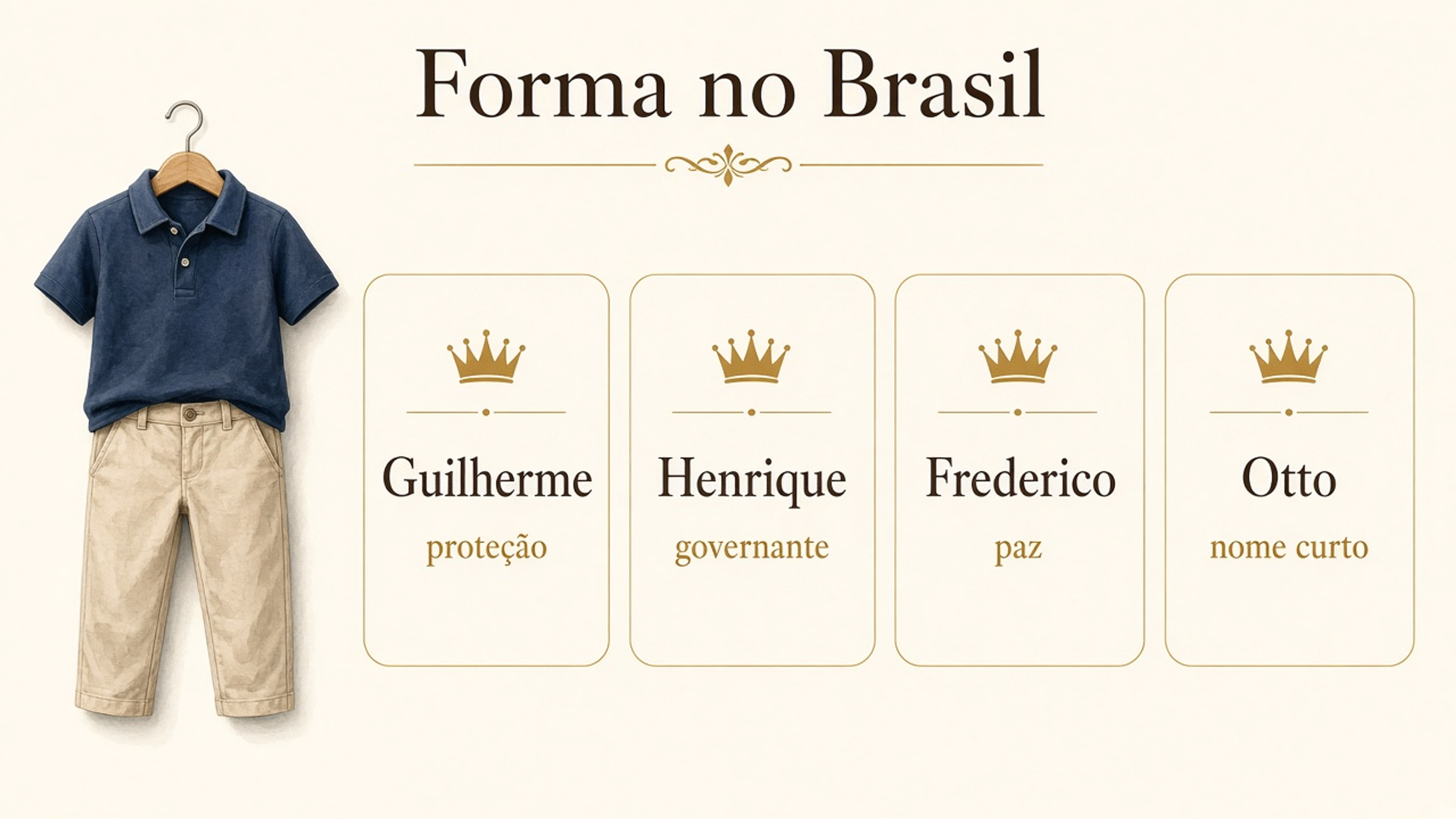 Quatro formas de nomes alemães masculinos no Brasil: Guilherme e proteção, Henrique e governante, Frederico e paz, Otto como nome curto.