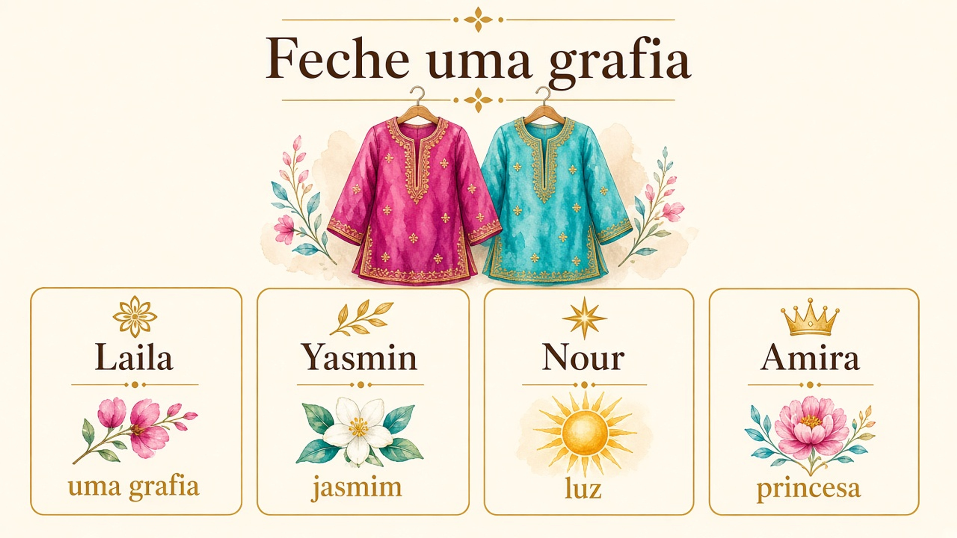 Quatro nomes árabes femininos com grafia fechada: Laila uma grafia, Yasmin jasmim, Nour luz e Amira princesa.