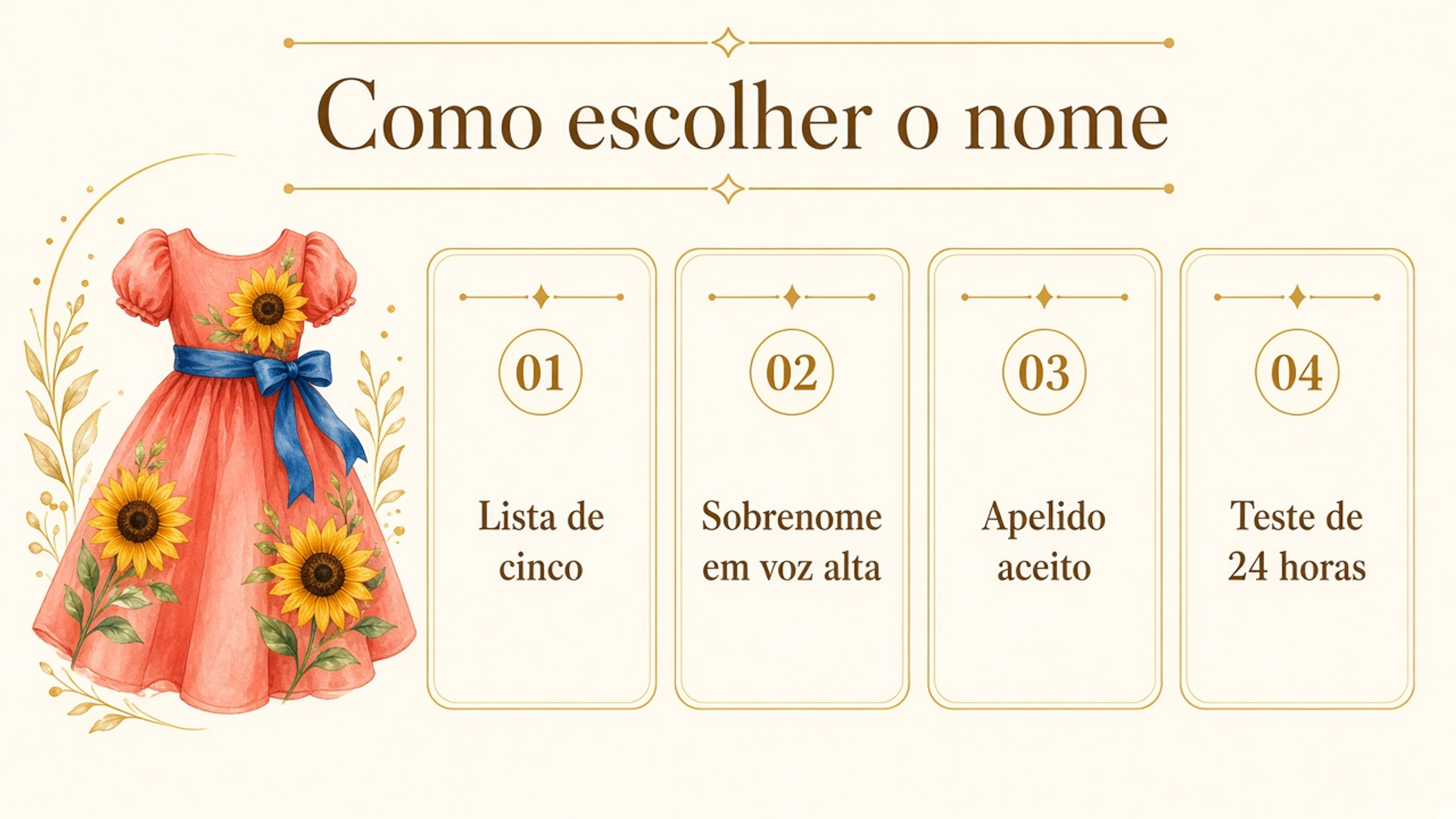 Quatro passos para escolher um nome feminino diferente: lista de cinco, sobrenome em voz alta, apelido aceito e teste de 24 horas.