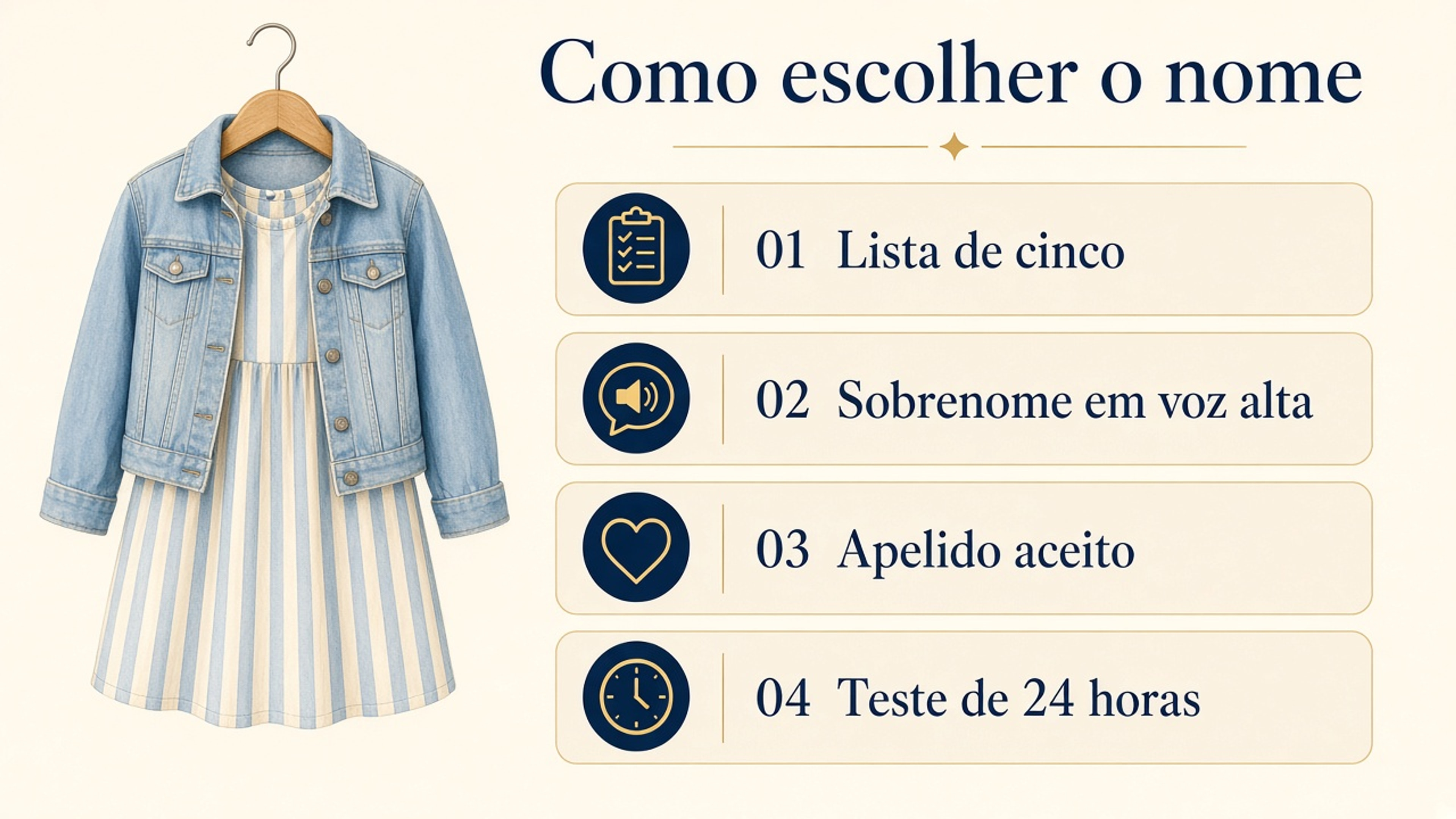 Quatro passos para escolher um nome hebraico: lista de cinco, sobrenome em voz alta, apelido aceito e teste de 24 horas.