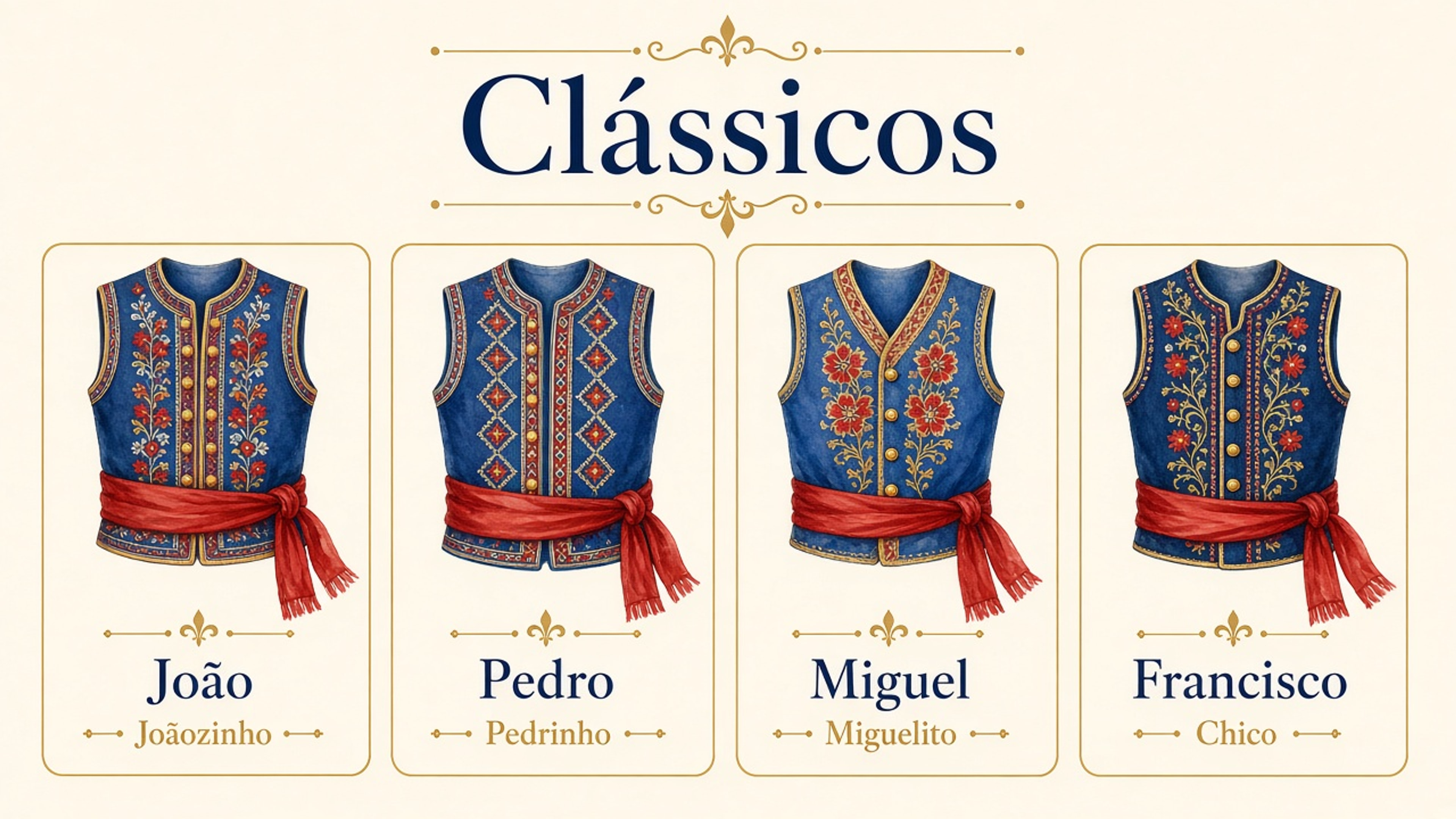 Infográfico com quatro nomes portugueses clássicos para menino: João, Pedro, Miguel e Francisco, com apelido no Brasil.