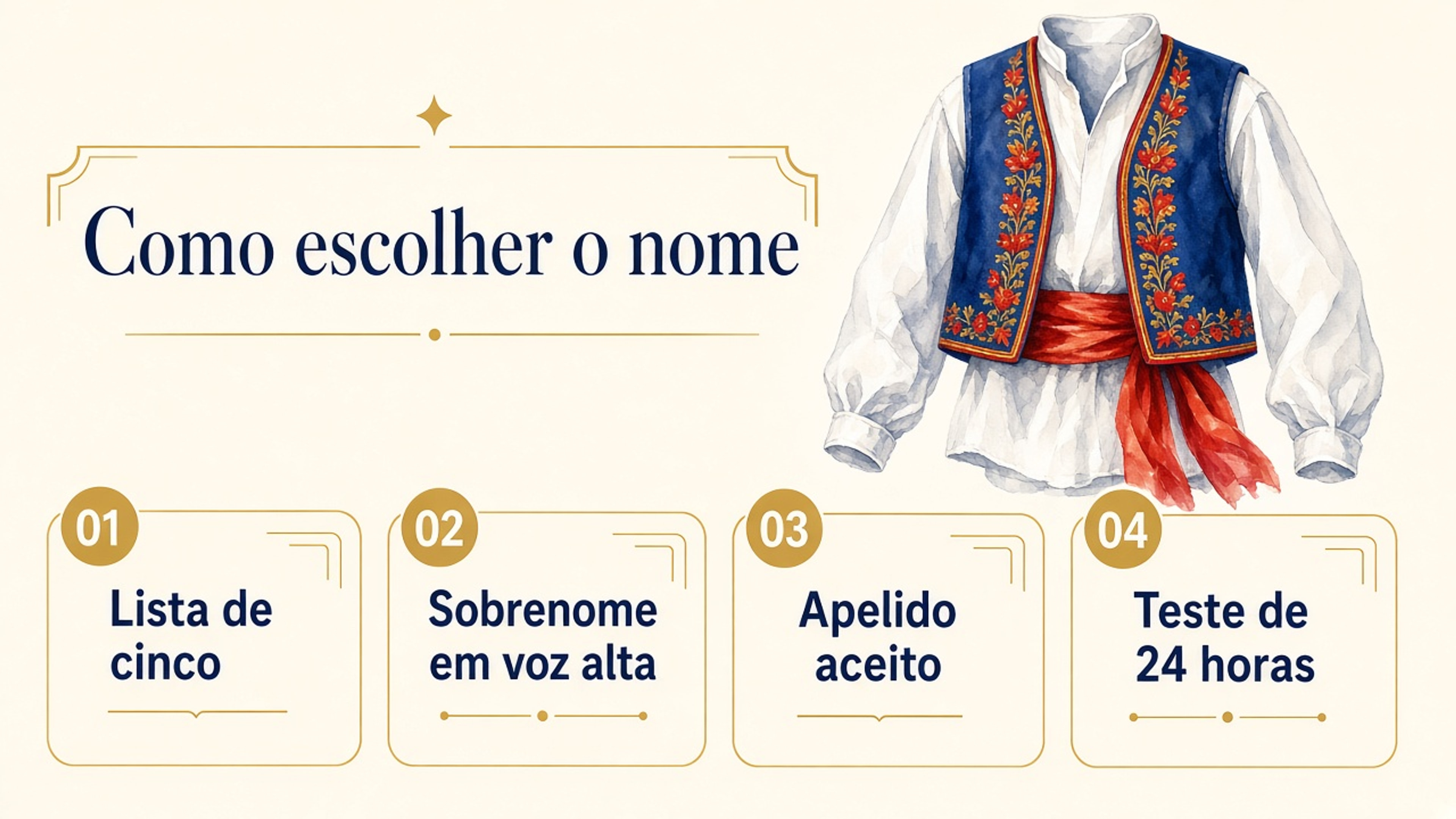 Infográfico em quatro passos para escolher nome português de menino: lista curta, sobrenome em voz alta, apelido e teste de 24 horas.