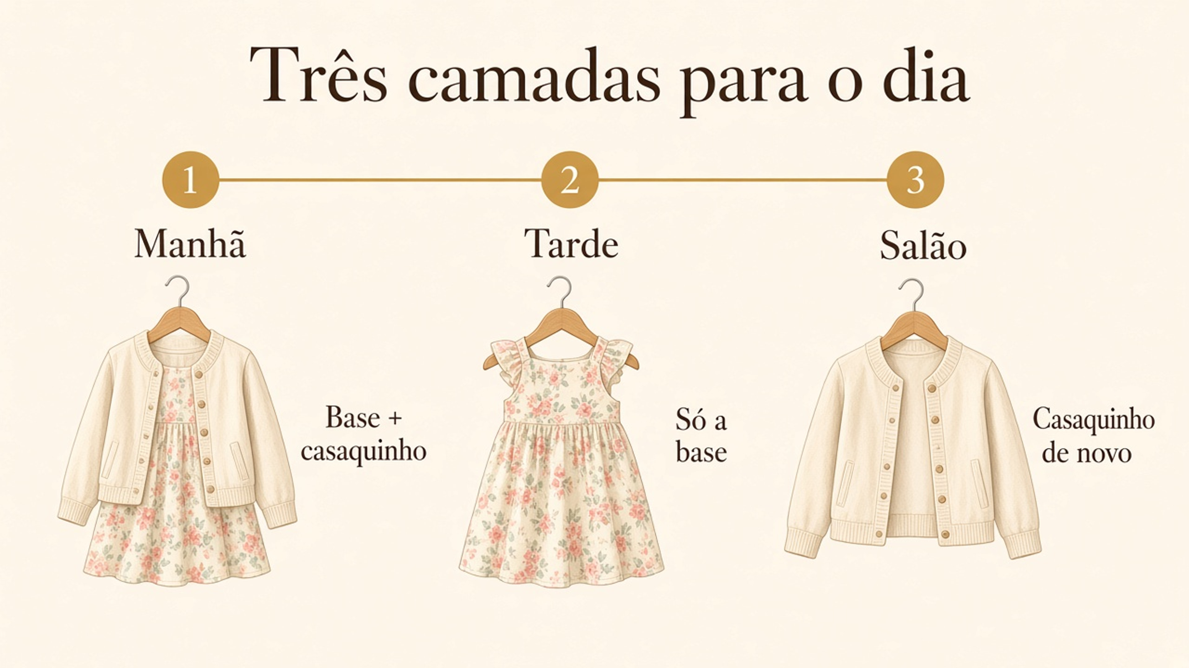 Infográfico das três camadas do look infantil em outubro na Grande BH: manhã com casaquinho, tarde só a base, salão com terceira peça.