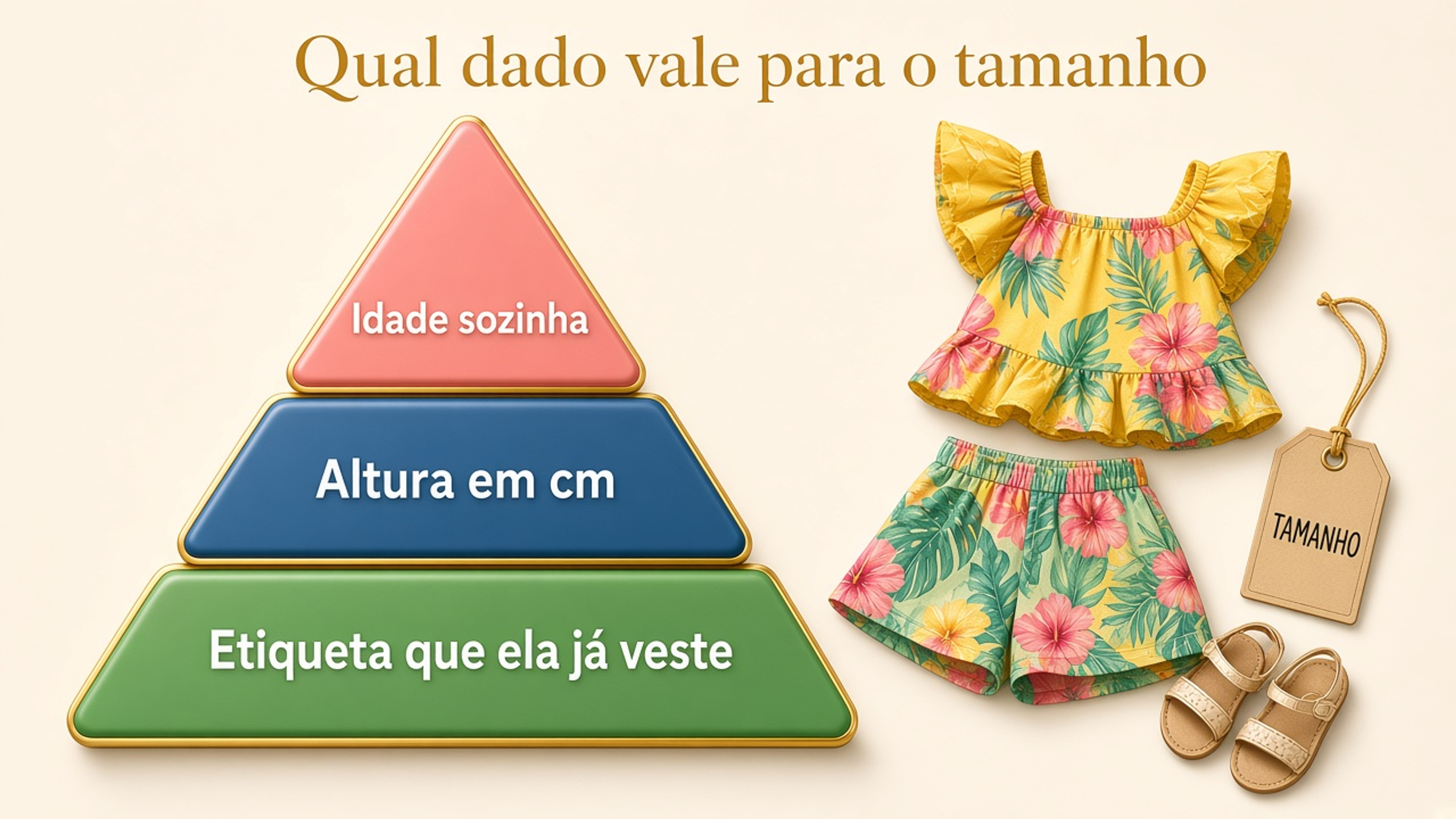 Infográfico em ranking: etiqueta que a criança já veste, altura em centímetros e idade sozinha como dado mais fraco para acertar o tamanho do presente.