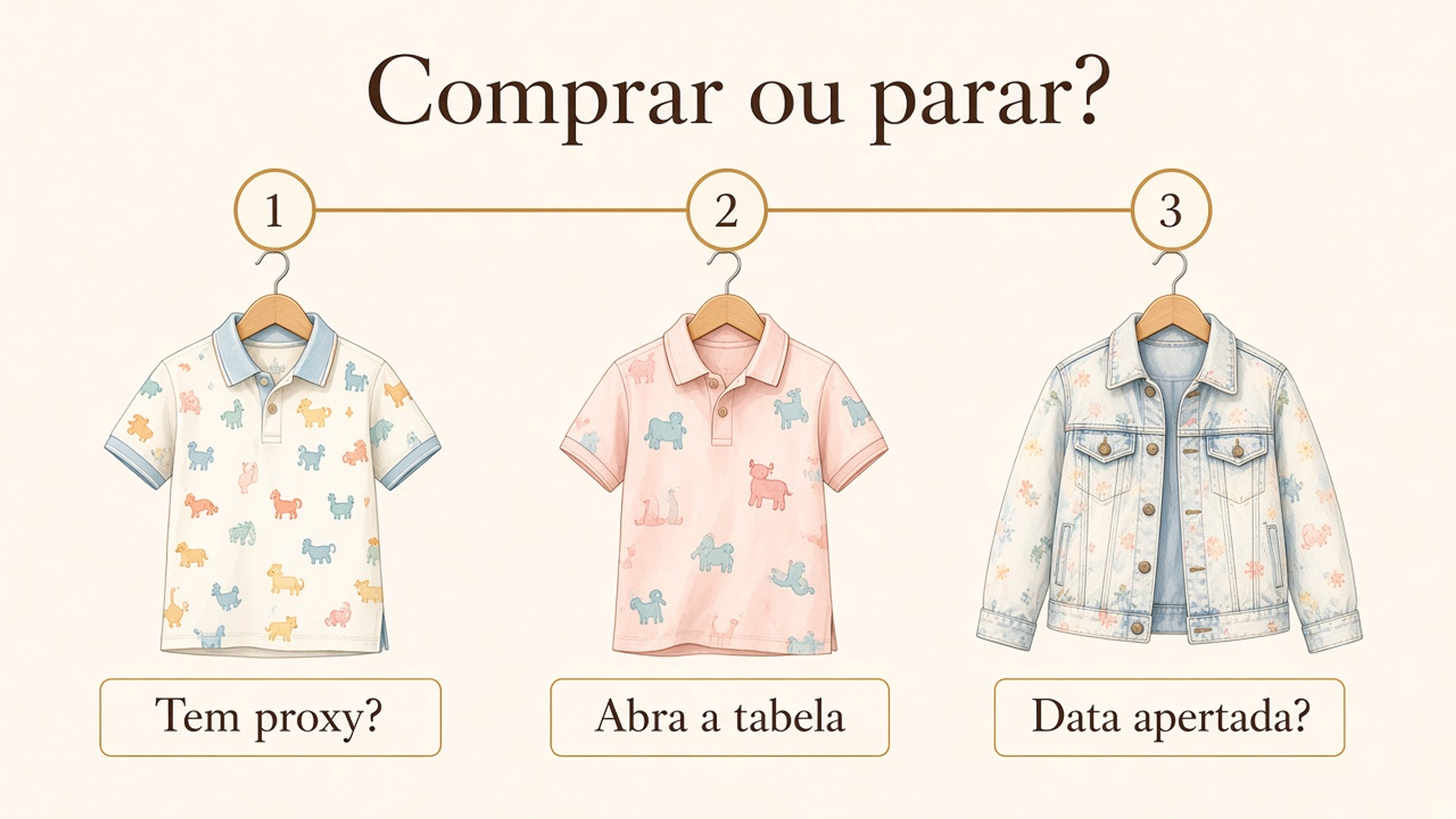 Infográfico em três passos: tem proxy, abre a tabela da peça, se a data aperta e não há dado não chute o tamanho.