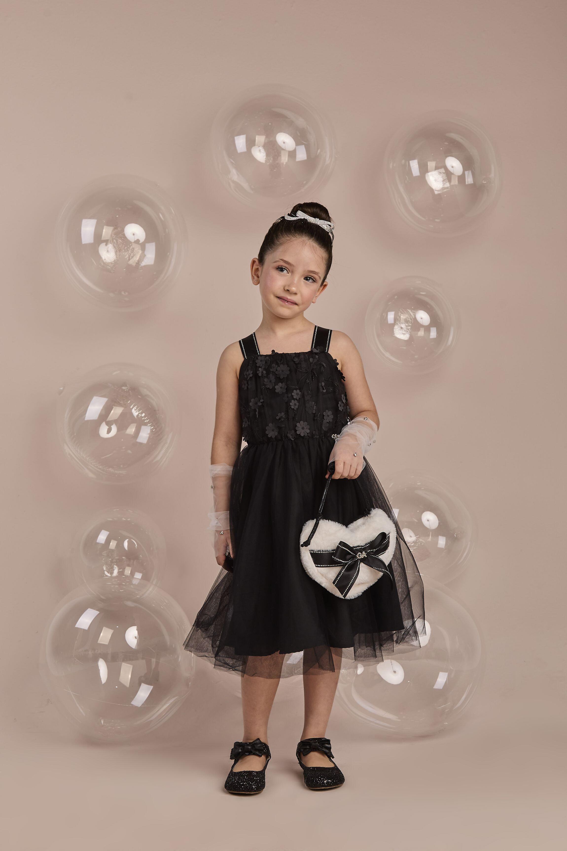 Vestido Tule 3D Preto Gabriela Aquarela na Star Kids
